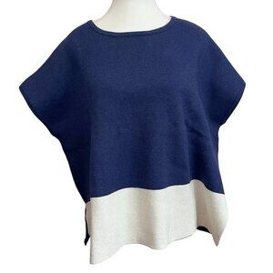 WOOLOVERS NAVY IVORY WHITE COLORBLOCK CAP SLEEVE BOXY STRETCH KNIT TOP - S